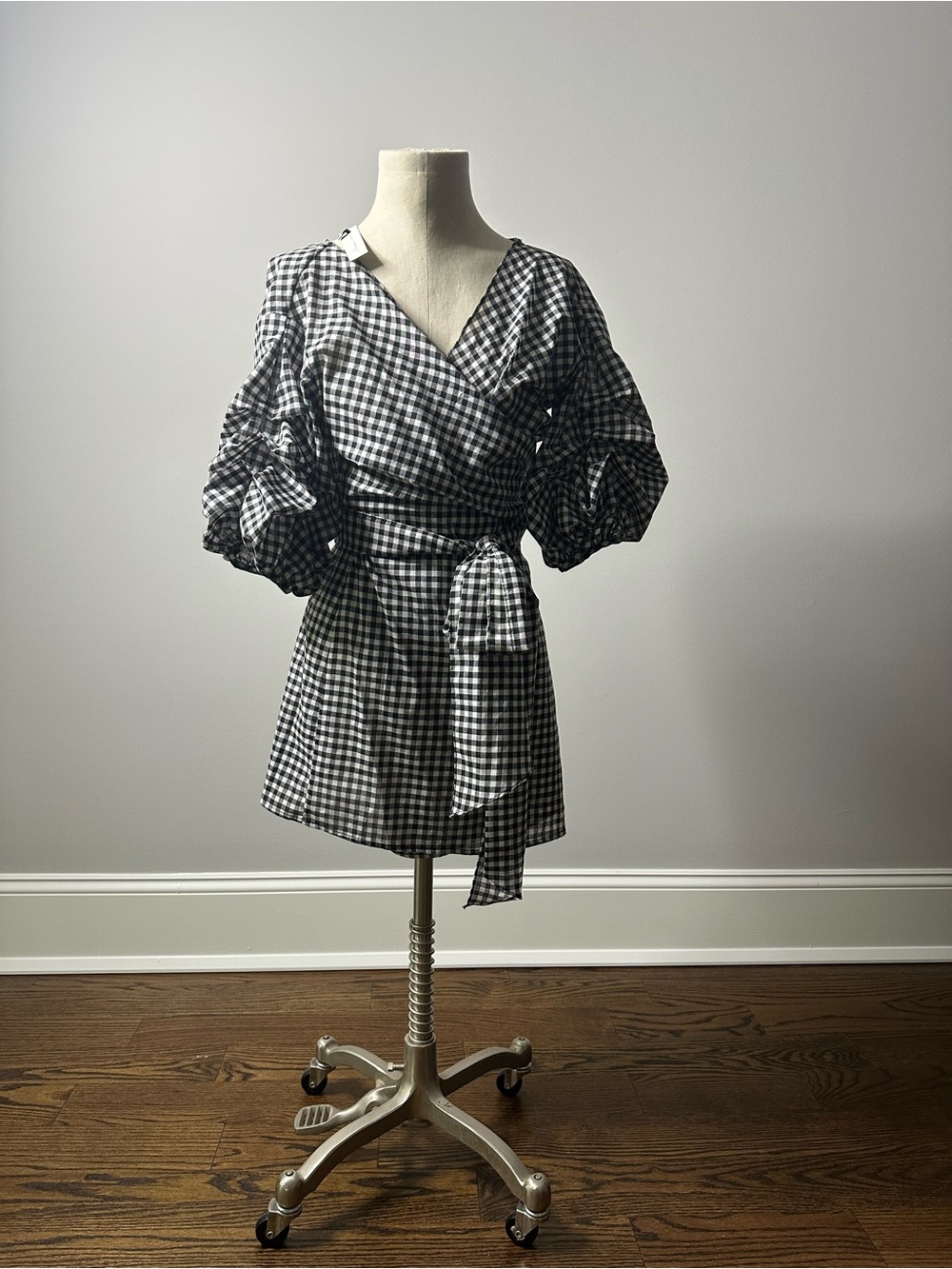 Lovers + Friends Black and White Gingham Wrap Blazer with Puff Sleeves